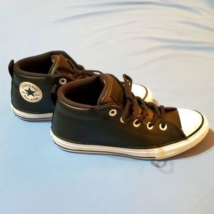 Size 3 junior girls Converse All Star black leather mid high top shoes.
